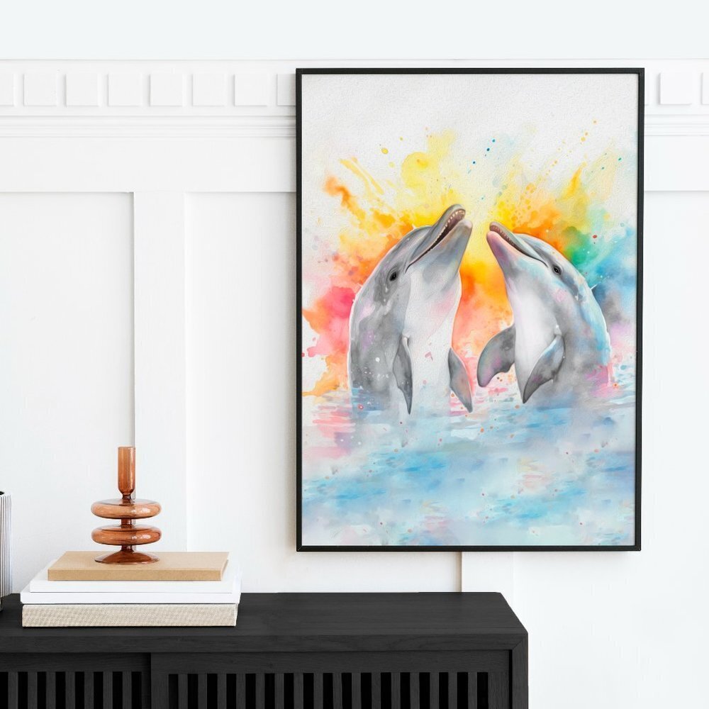 16x20 Happy Dolphins Playing‎ Splashing Watercolor Oil Painting Fantasy Poster - Picture 3 of 6